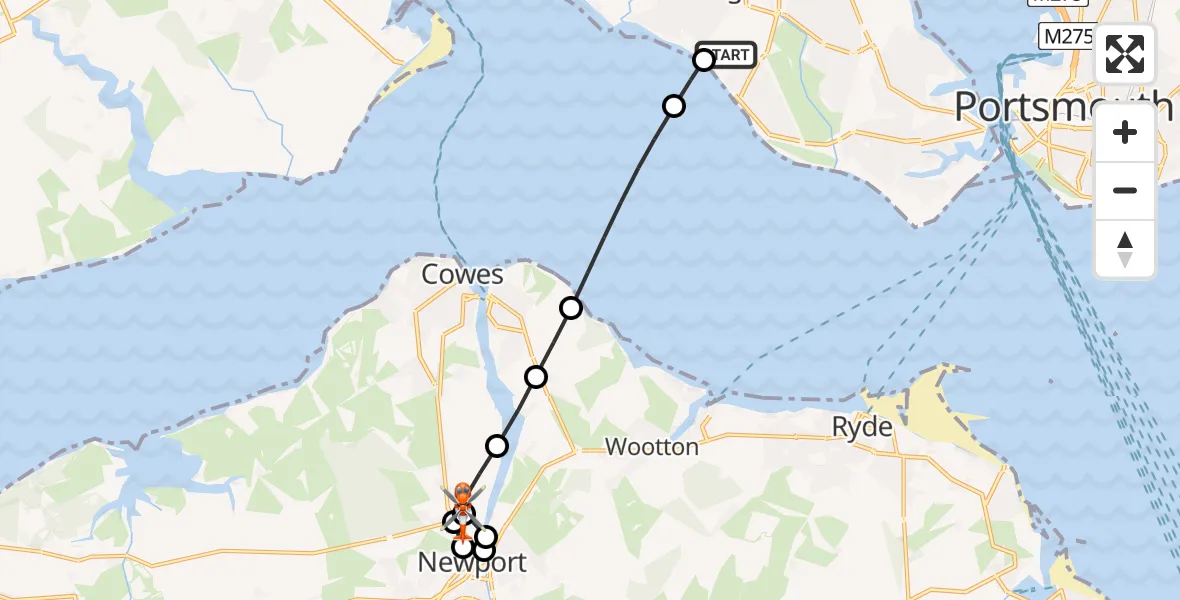 Flight path map showing Coastguard Helicopter route from Solent Airport to St Marys Hospital Isle Of Wight