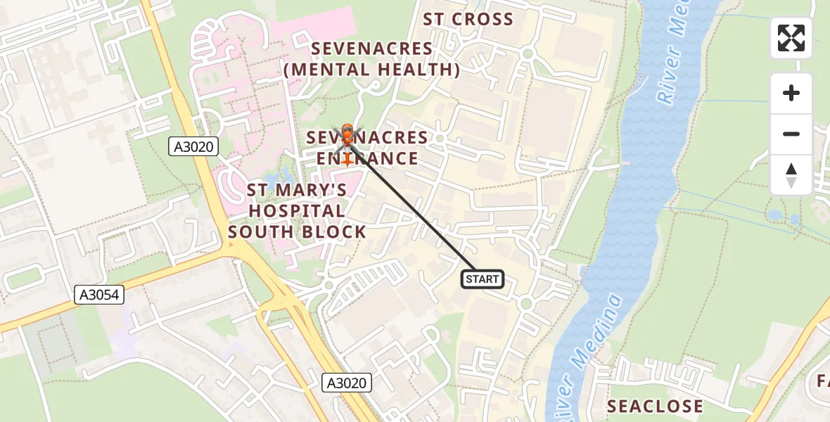 Flight path map showing Coastguard Helicopter route from Newport to St Marys Hospital Isle Of Wight
