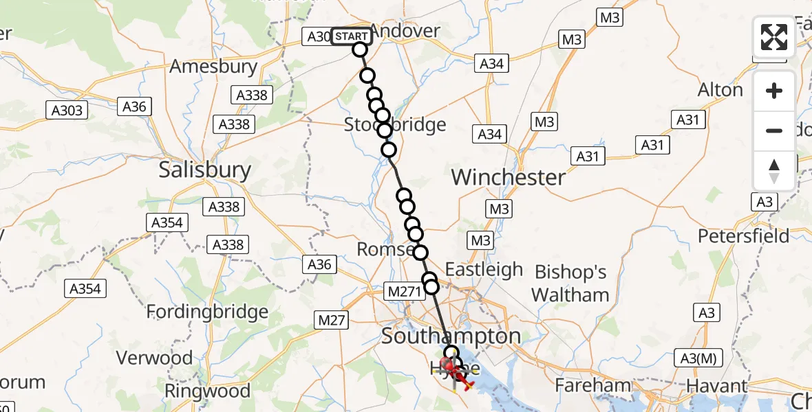 Flight path map showing Air Ambulance Helicopter route from Monxton to Hythe