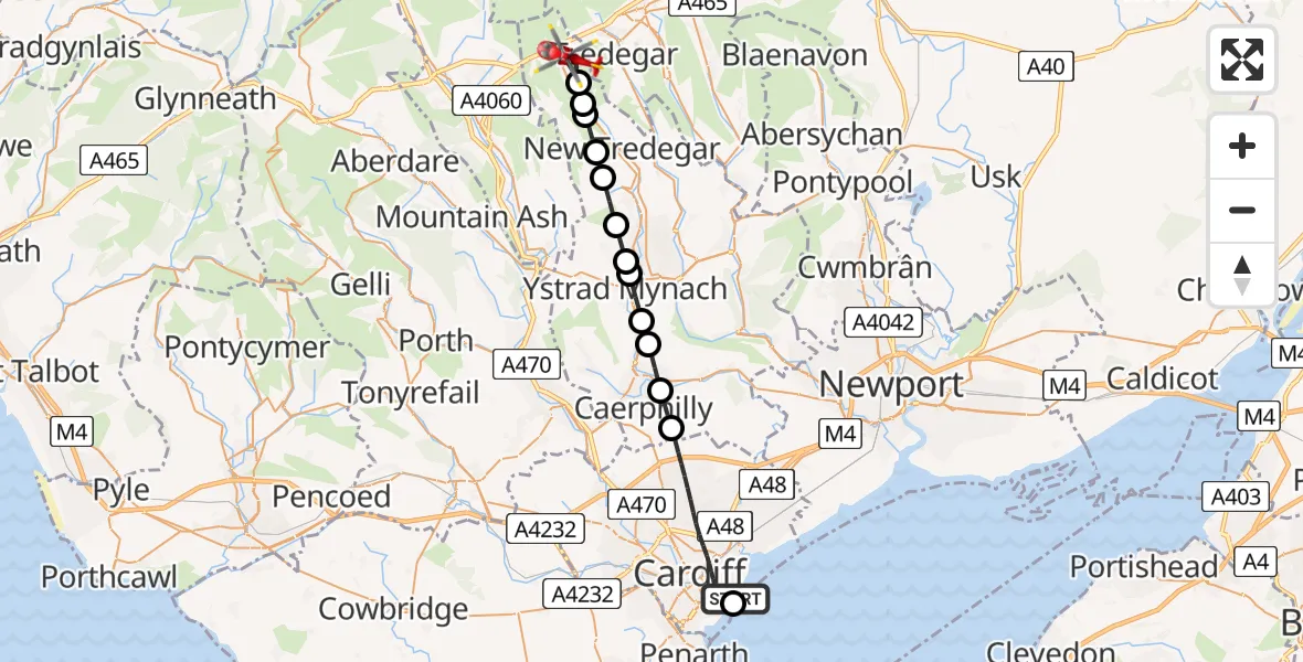 Flight path map showing Air Ambulance Helicopter route from Cardiff Heliport to Rhymney