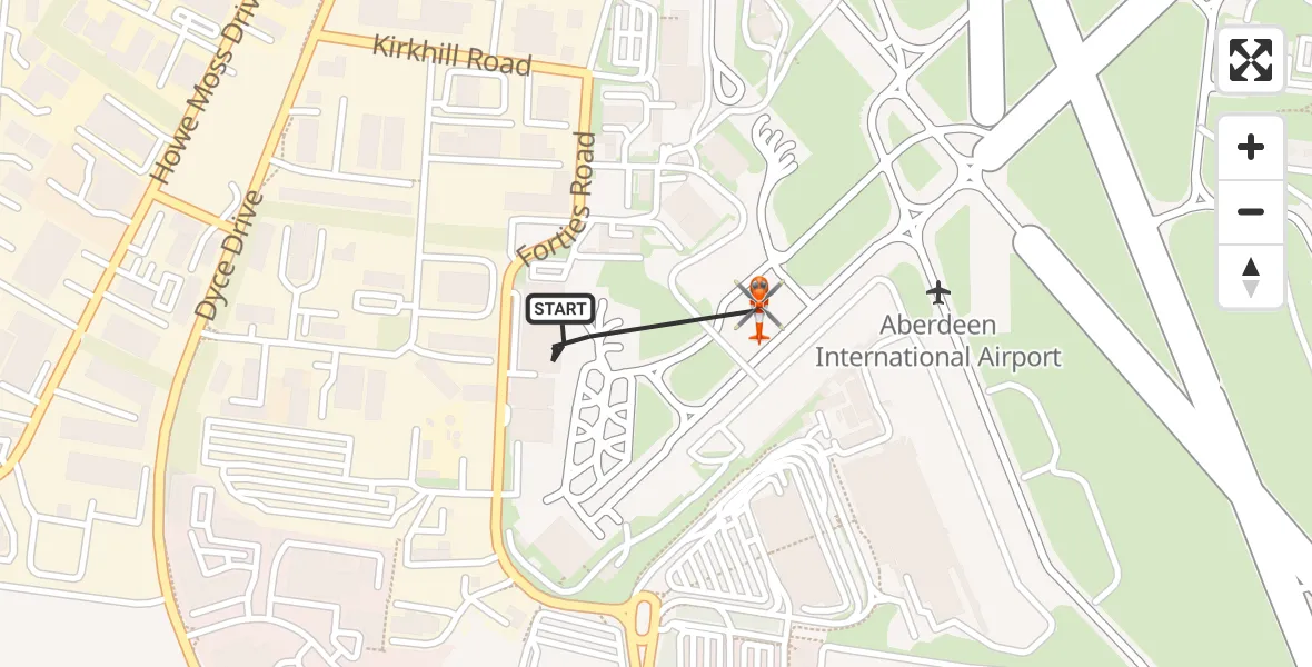 Flight path map showing Coastguard Helicopter route from Aberdeen International Airport to Aberdeen International Airport