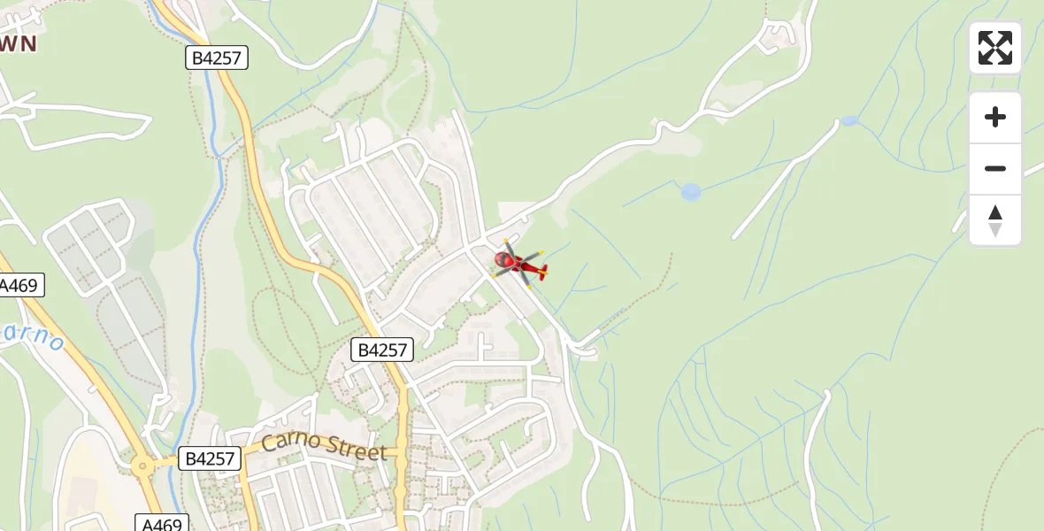 Flight path map showing Air Ambulance Helicopter route from Tredegar to Tredegar