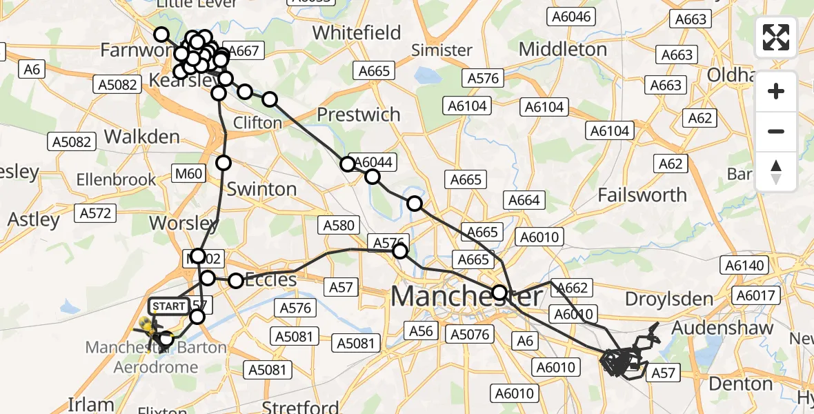 Flight path map showing Police Helicopter route from Manchester Barton Aerodrome to Manchester Barton Aerodrome