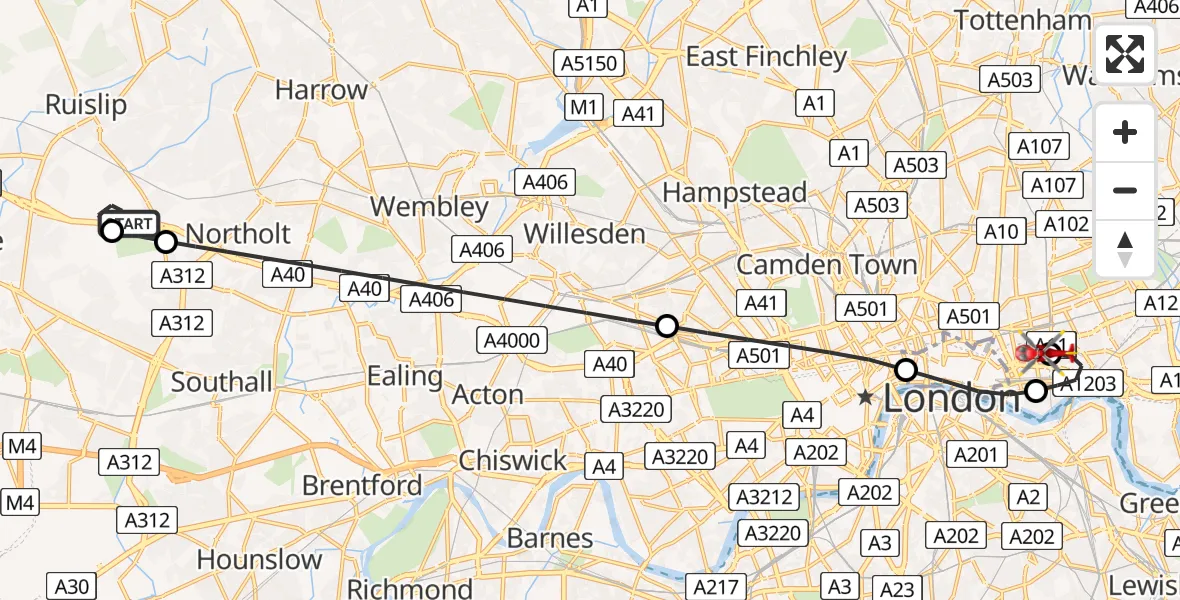 Flight path map showing Air Ambulance Helicopter route from RAF Northolt to Royal London Hospital