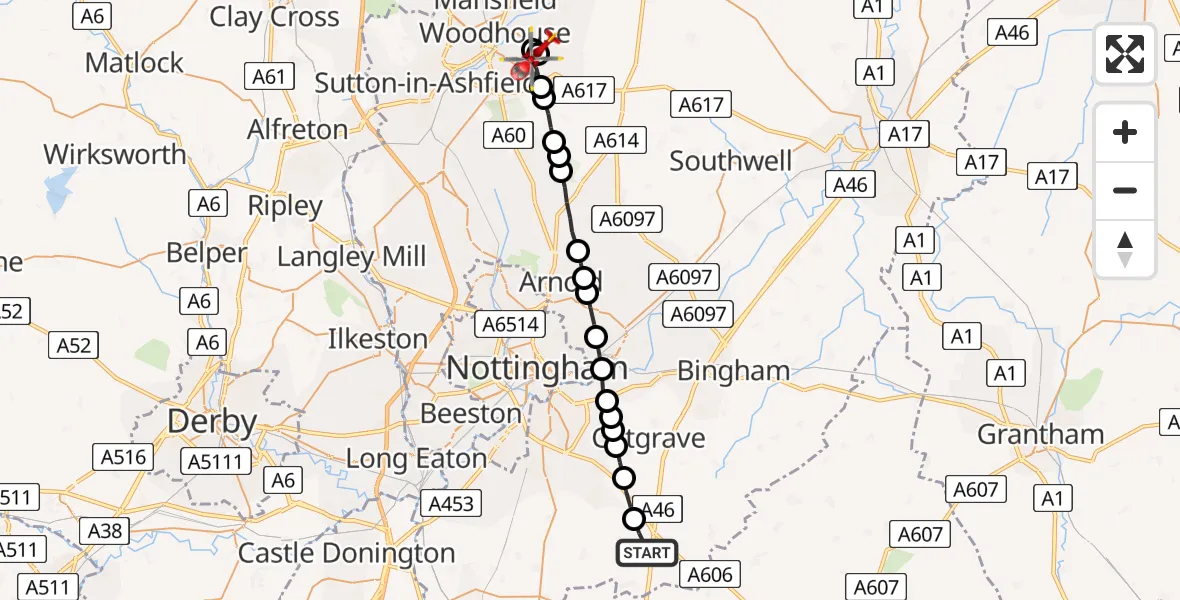 Flight path map showing Air Ambulance Helicopter route from Widmerpool to Mansfield