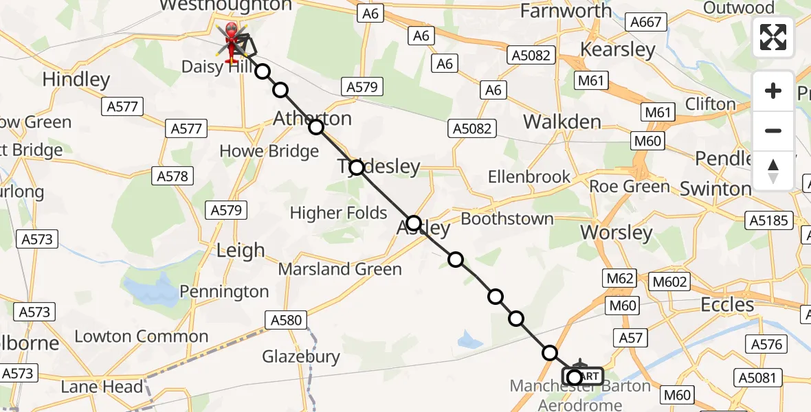 Flight path map showing Air Ambulance Helicopter route from Manchester Barton Aerodrome to Daisy Hill