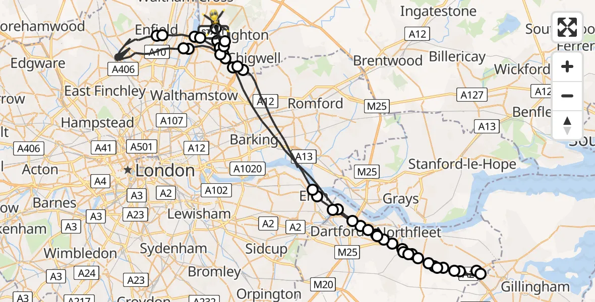 Flight path map showing Police Helicopter route from Metropolitan Police Air Support Unit Lippitts Hill to Sewardstonebury