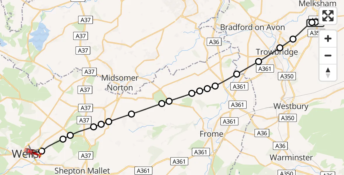 Flight path map showing Air Ambulance Helicopter route from Wiltshire Air Ambulance to Wells