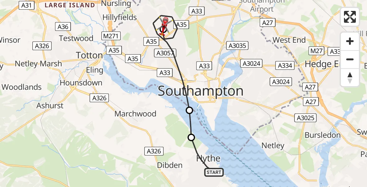 Flight path map showing Air Ambulance Helicopter route from Hythe to University Hospital Southampton