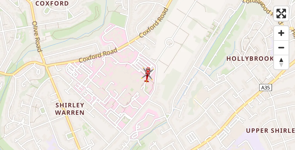 Flight path map showing Air Ambulance Helicopter route from University Hospital Southampton to University Hospital Southampton