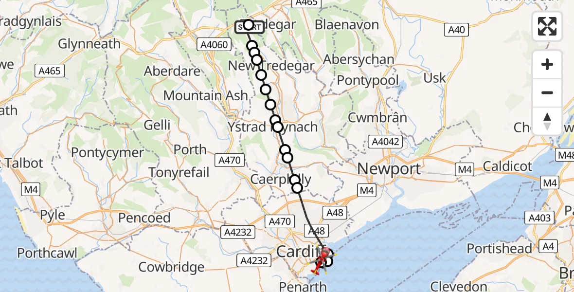 Flight path map showing Air Ambulance Helicopter route from Tredegar to Cardiff Heliport