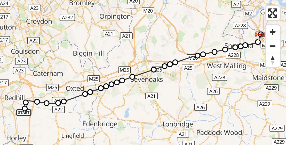 Flight path map showing Air Ambulance Helicopter route from Redhill Aerodrome to Rochester Airport