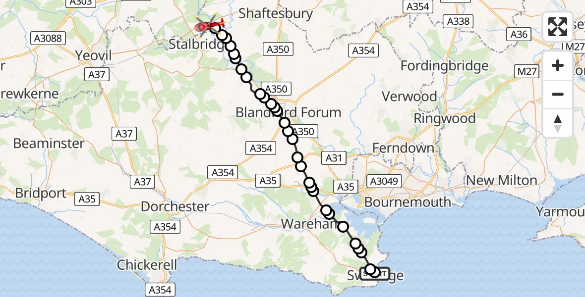 Flight path map showing Air Ambulance Helicopter route from Swanage to Henstridge Airfield