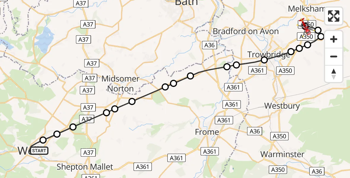 Flight path map showing Air Ambulance Helicopter route from Wells to Wiltshire Air Ambulance