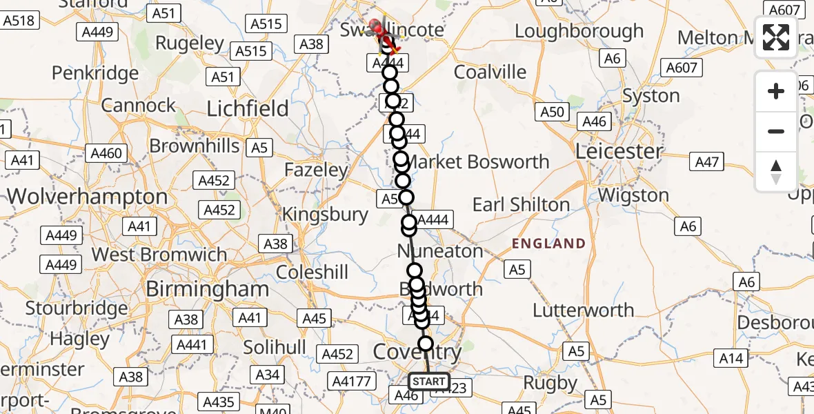 Routekaart van de vlucht: Air Ambulance Helicopter to Swadlincote