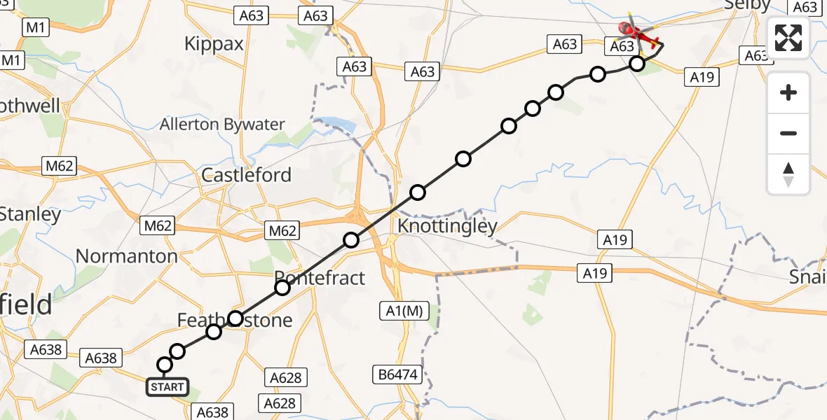 Flight path map showing Air Ambulance Helicopter route from YAA Nostell Helicopter Port to Thorpe Willoughby