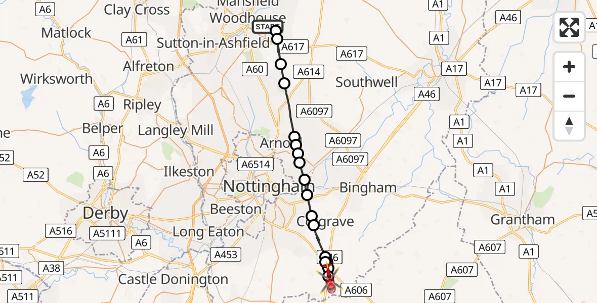Routekaart van de vlucht: Air Ambulance Helicopter to Nottingham Heliport