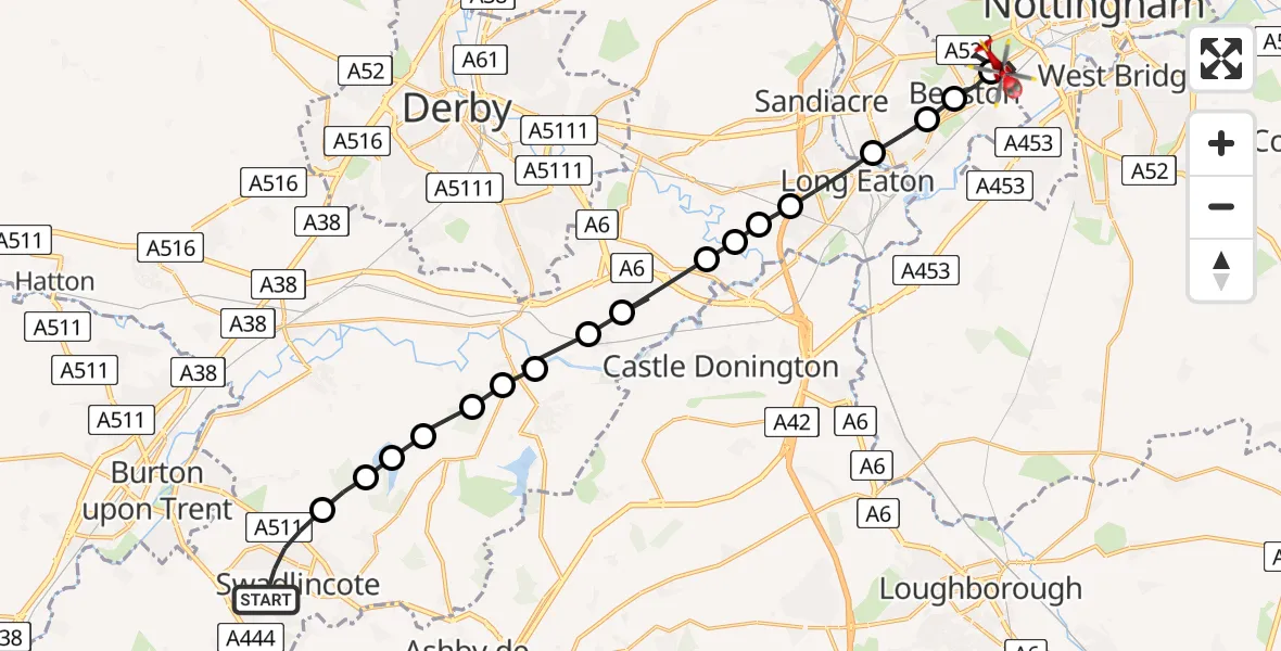 Flight path map showing Air Ambulance Helicopter route from Swadlincote to City of Nottingham