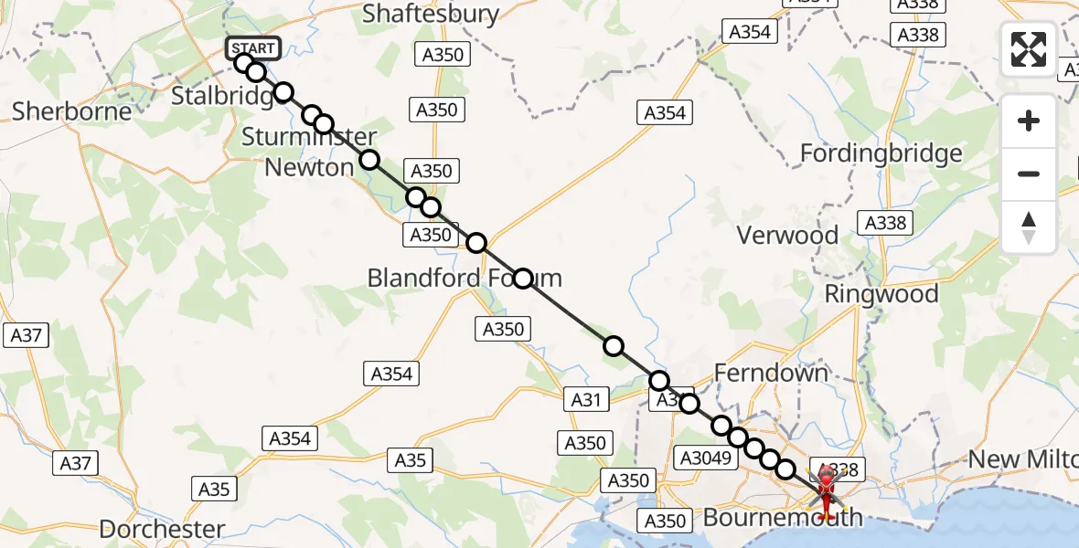 Flight path map showing Air Ambulance Helicopter route from Henstridge Airfield to Bournemouth