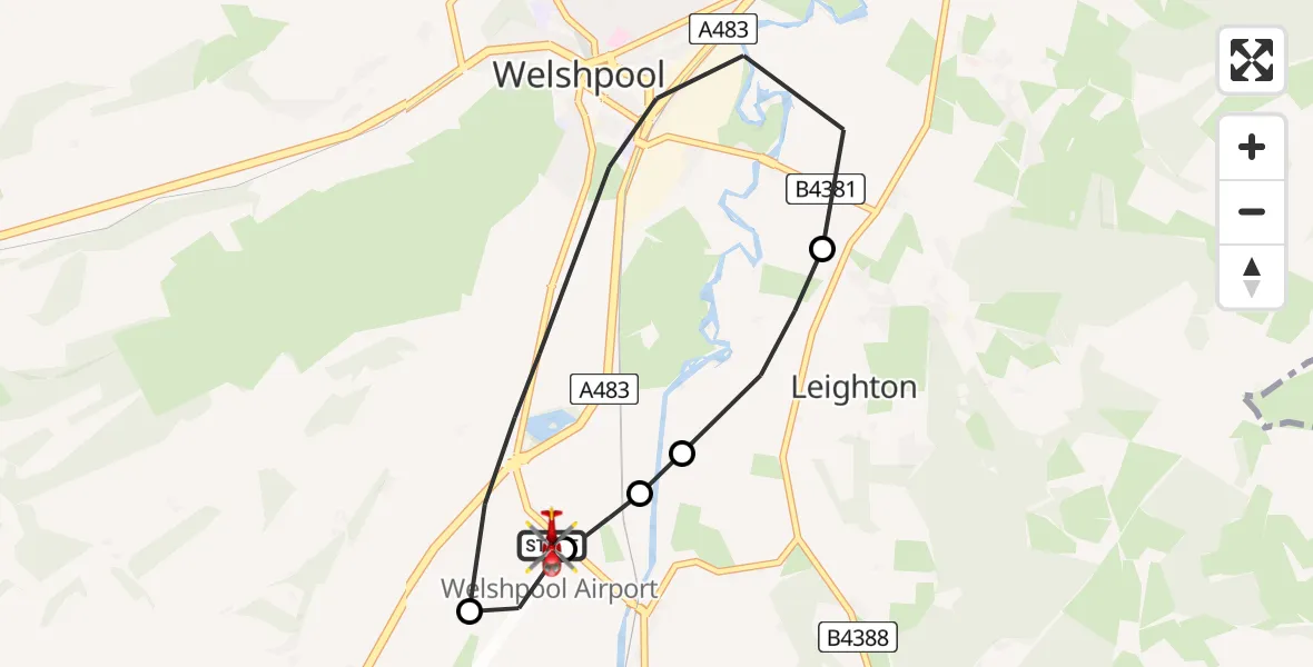 Flight path map showing Air Ambulance Helicopter route from Welshpool Airport to Welshpool Airport