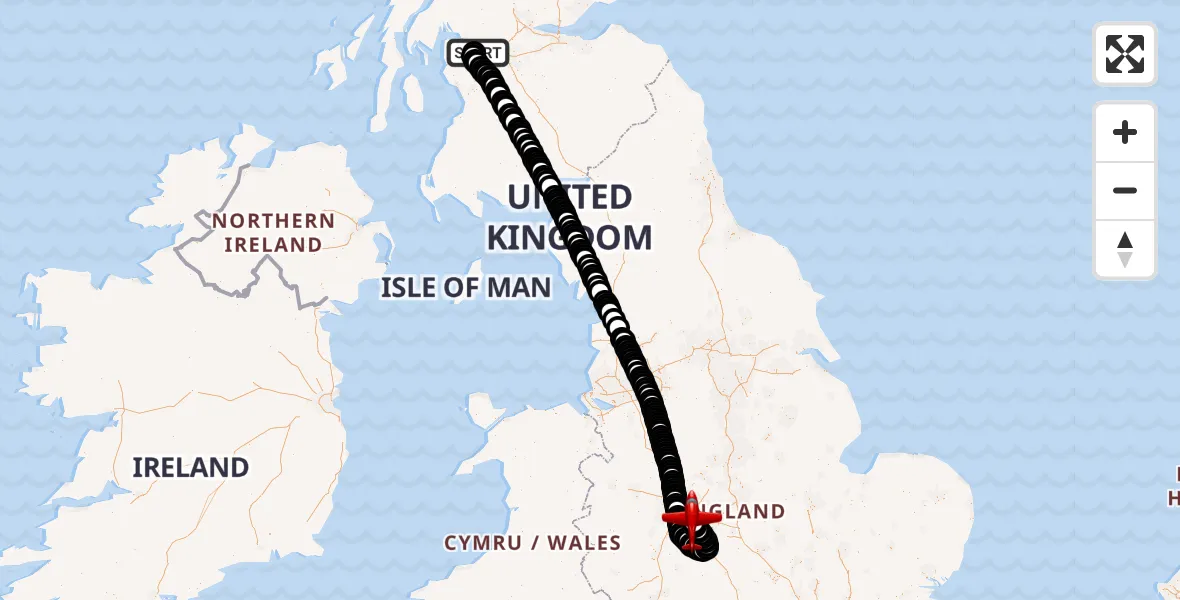 Flight path map showing Air Ambulance Aircraft route from Glasgow Airport to Birmingham Airport