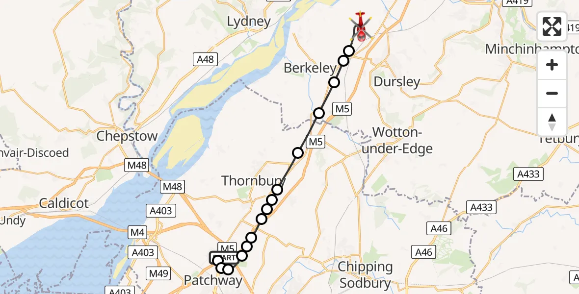 Flight path map showing Air Ambulance Helicopter route from Almondsbury Helicopter Base to Breadstone