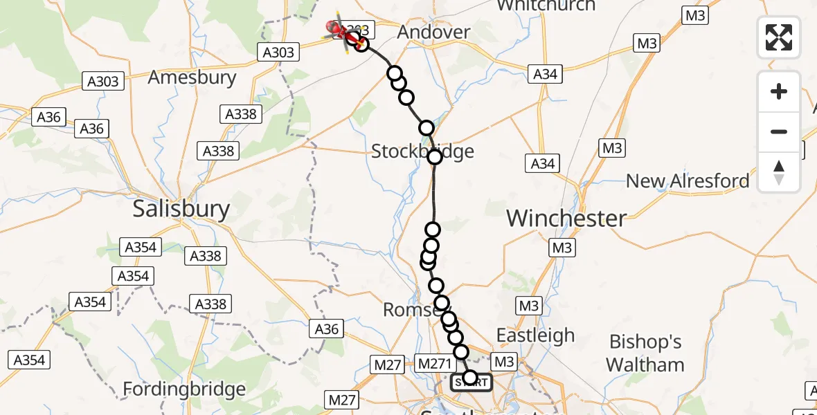 Flight path map showing Air Ambulance Helicopter route from University Hospital Southampton to Thruxton