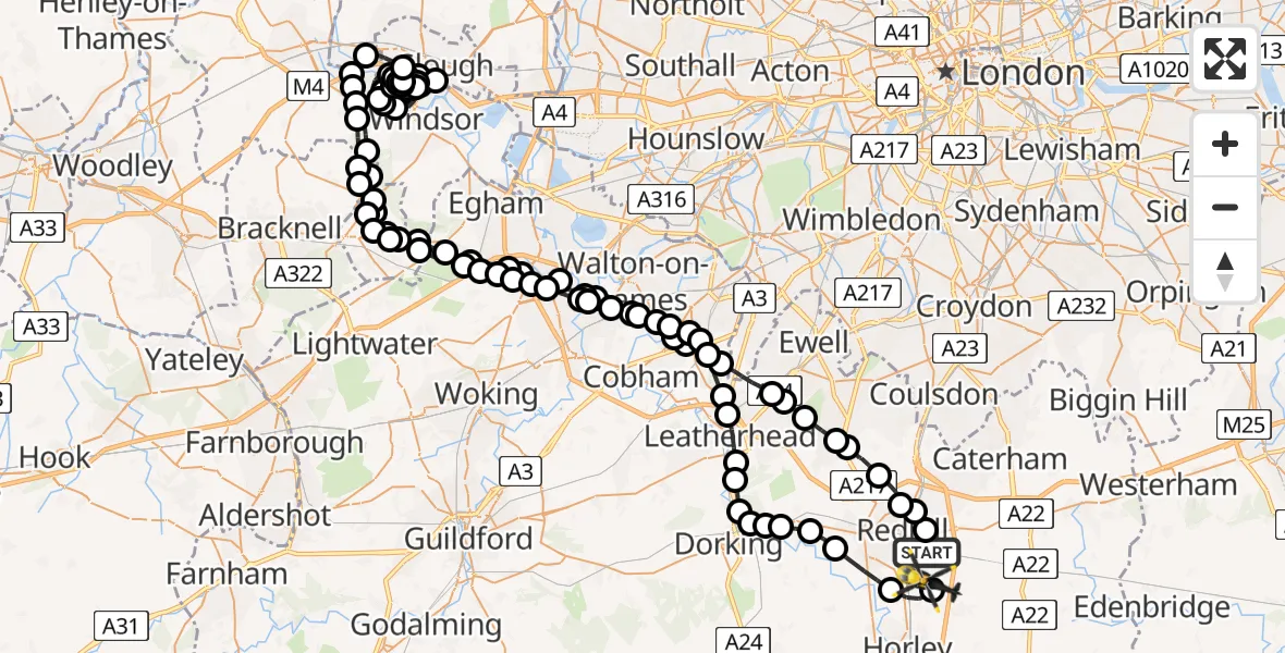 Flight path map showing Police Helicopter route from South Nutfield to Reigate and Banstead