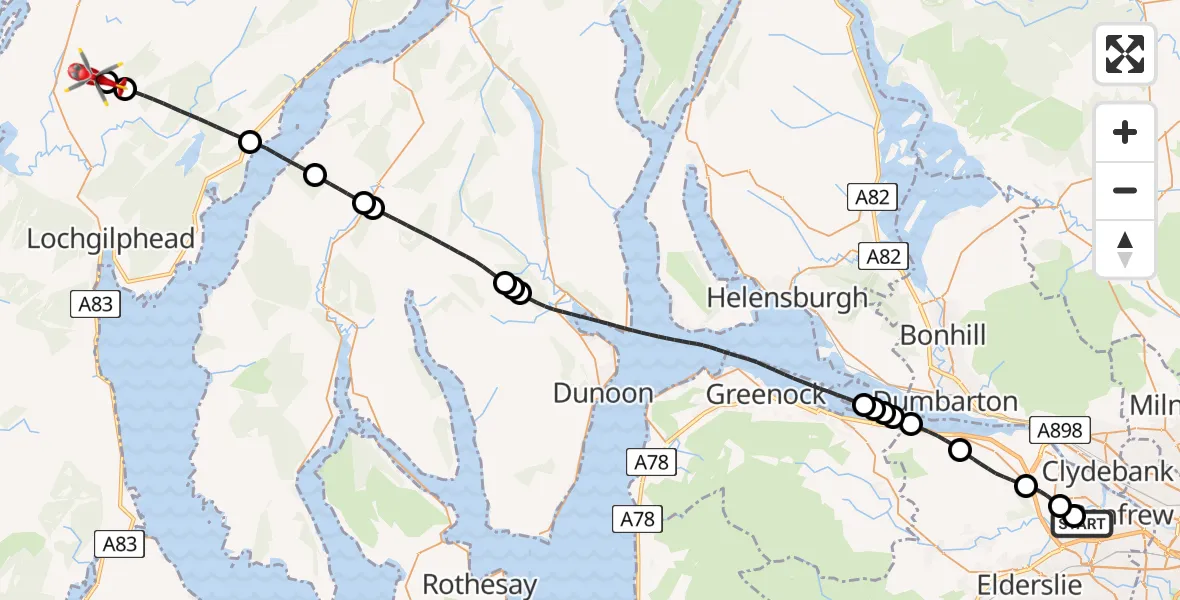 Flight path map showing Air Ambulance Helicopter route from Glasgow Airport to Argyll and Bute