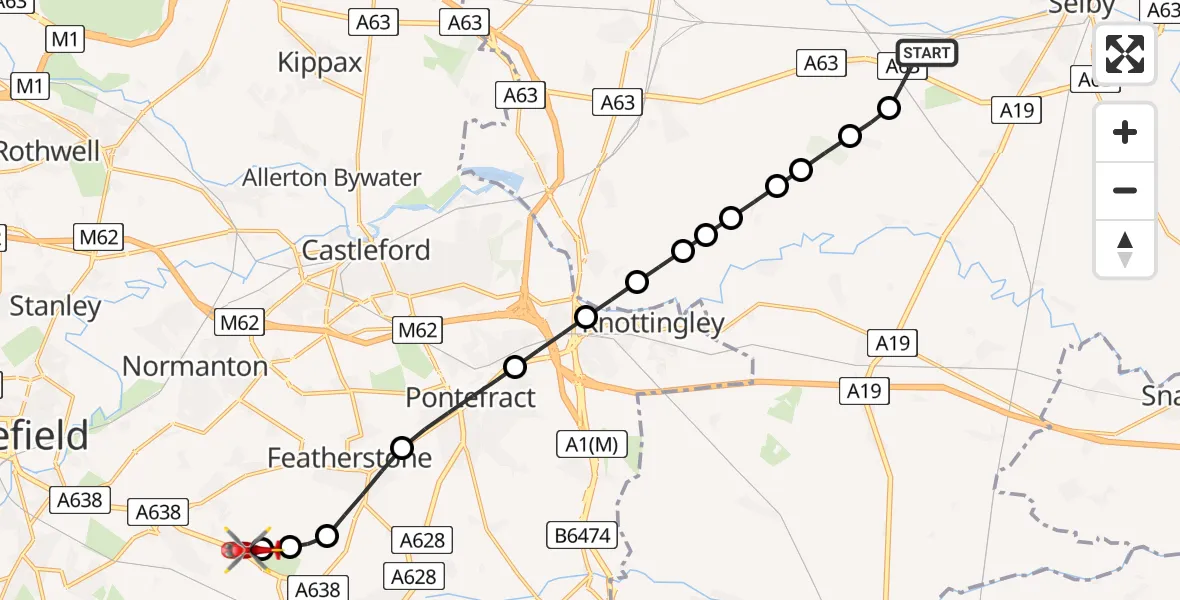 Flight path map showing Air Ambulance Helicopter route from Thorpe Willoughby to YAA Nostell Helicopter Port