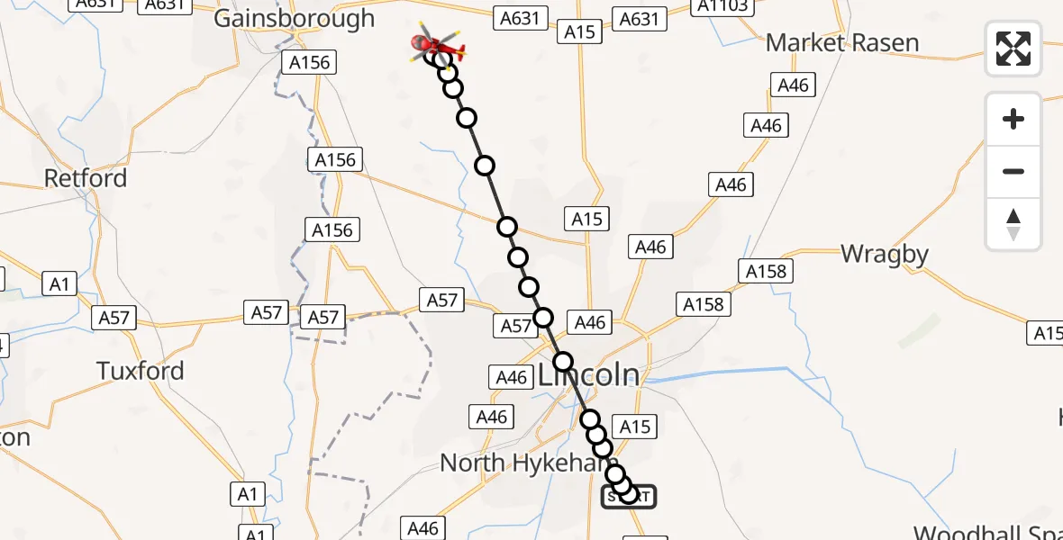 Flight path map showing Air Ambulance Helicopter route from RAF Waddington to Upton CP