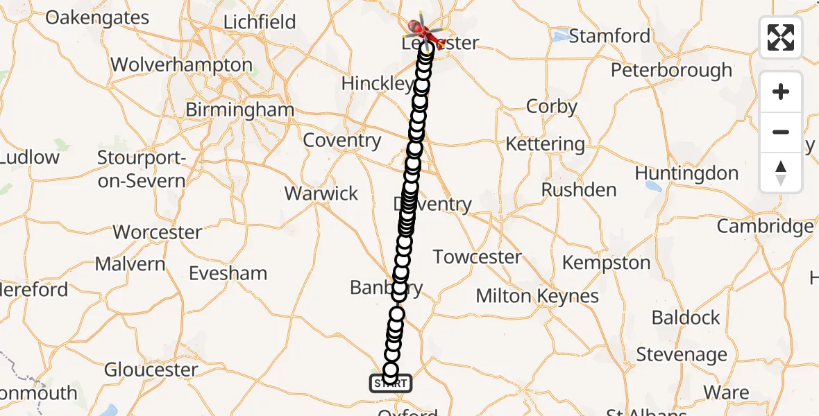 Flight path map showing Air Ambulance Helicopter route from London Oxford Airport to Leicester