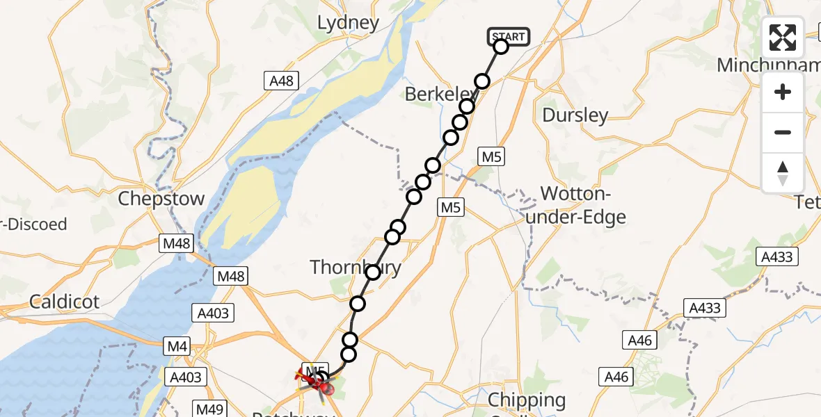 Flight path map showing Air Ambulance Helicopter route from Gossington to Almondsbury Helicopter Base