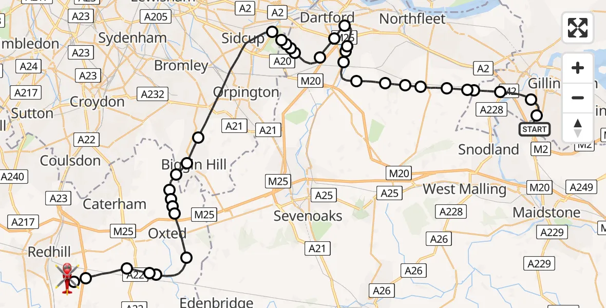 Flight path map showing Air Ambulance Helicopter route from Rochester Airport to Redhill Aerodrome