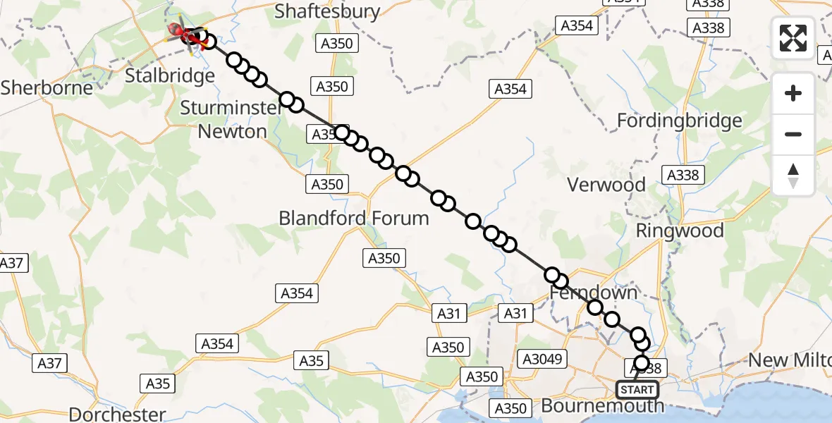 Flight path map showing Air Ambulance Helicopter route from Bournemouth to Henstridge Airfield
