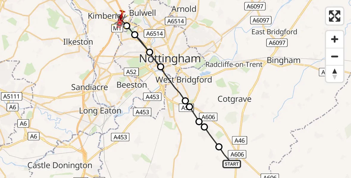 Flight path map showing Air Ambulance Helicopter route from Widmerpool to Nuthall