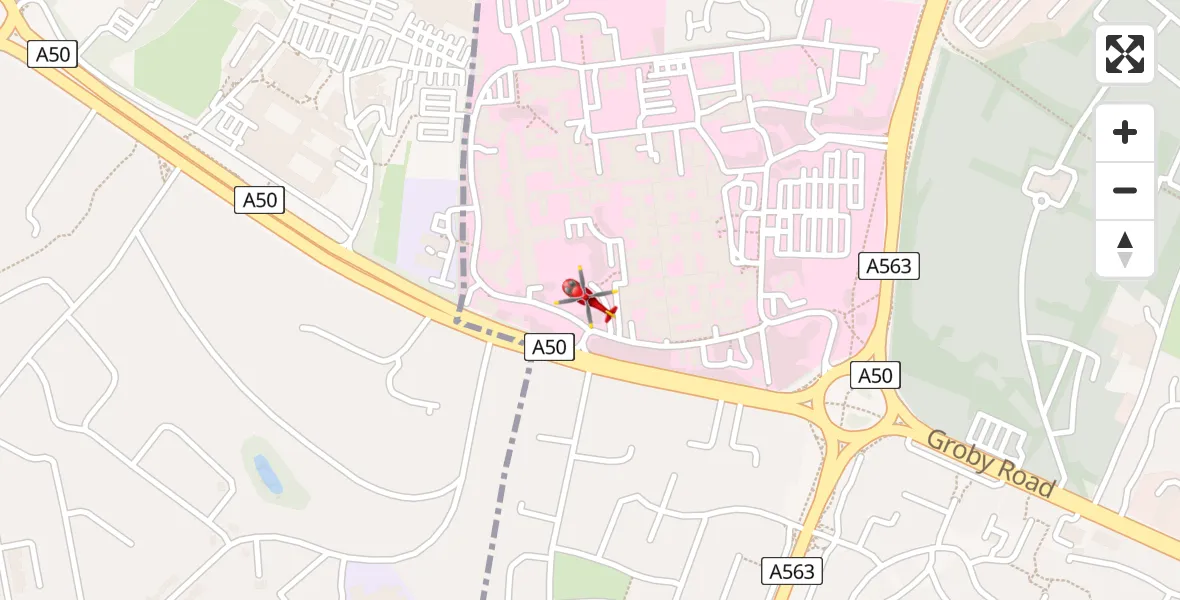 Flight path map showing Air Ambulance Helicopter route from Leicester to Leicester