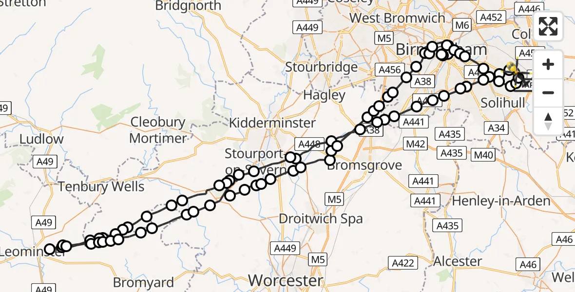 Flight path map showing Police Helicopter route from Bickenhill to Birmingham