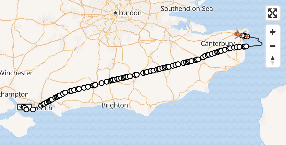 Flight path map showing Coastguard Helicopter route from Solent Airport to Manston Airport