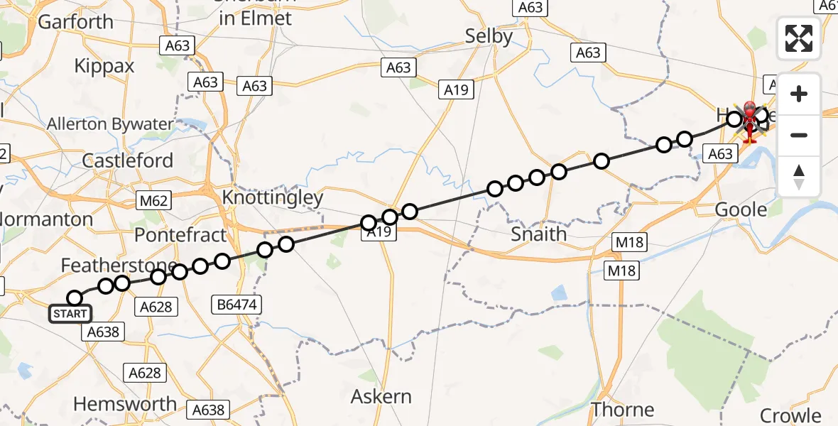 Flight path map showing Air Ambulance Helicopter route from YAA Nostell Helicopter Port to Howden