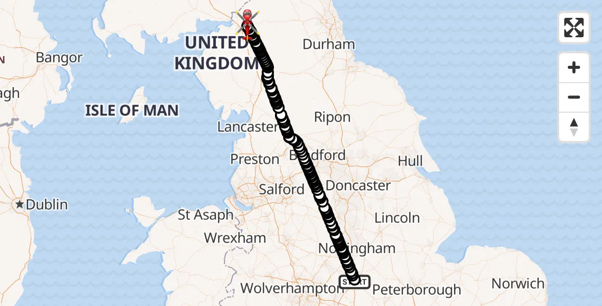 Flight path map showing Air Ambulance Helicopter route from Leicester to Carlisle Lake District Airport