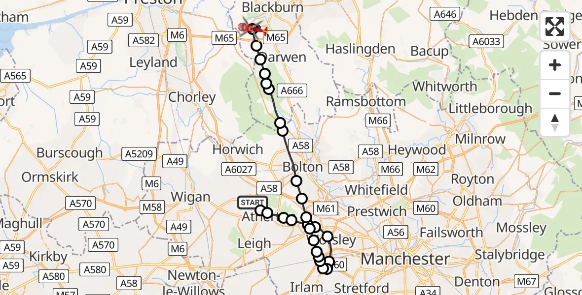 Flight path map showing Air Ambulance Helicopter route from Daisy Hill to Blackburn