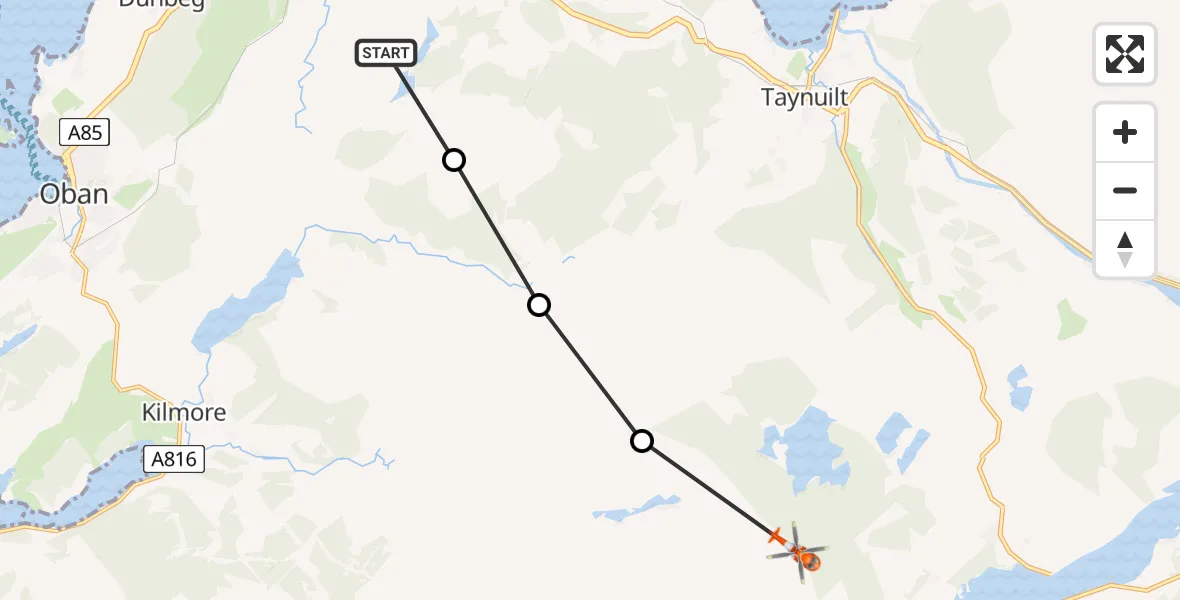 Flight path map showing Coastguard Helicopter route from Connel to Argyll and Bute