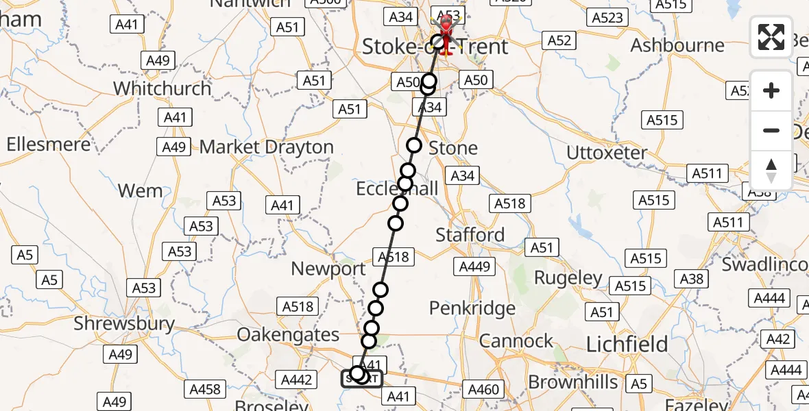 Flight path map showing Air Ambulance Helicopter route from RAF Cosford to Hanley