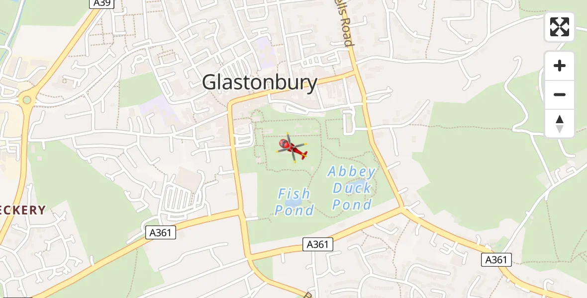 Flight path map showing Air Ambulance Helicopter route from Glastonbury to Glastonbury