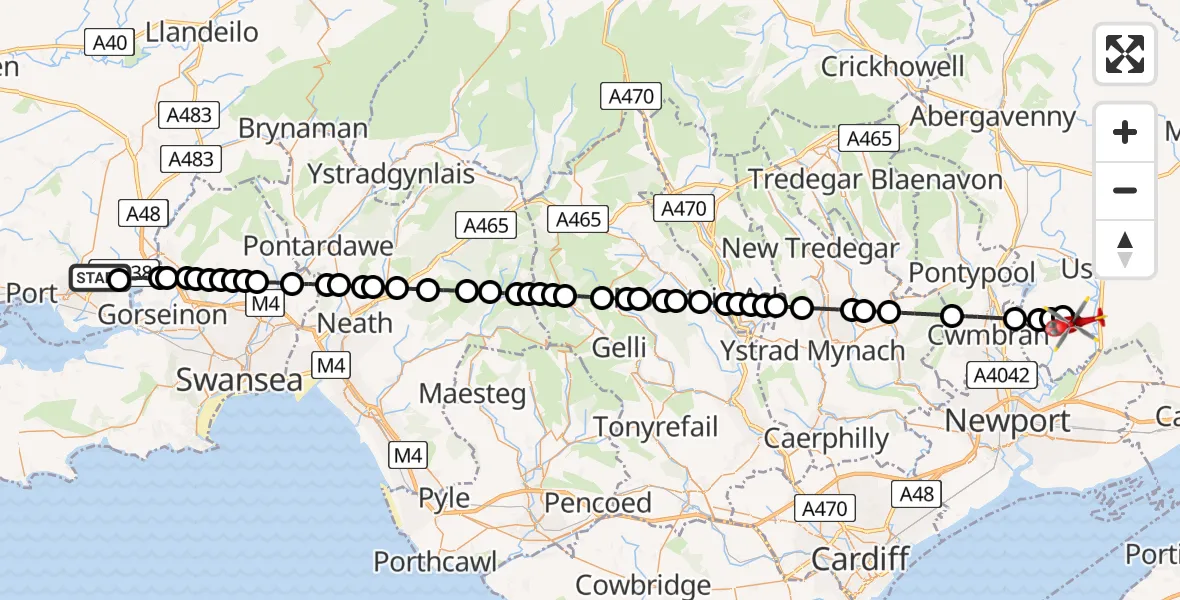 Flight path map showing Air Ambulance Helicopter route from Dafen to Llangybi