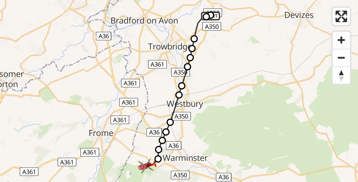 Flight path map showing Air Ambulance Helicopter route from Wiltshire Air Ambulance to Corsley Heath