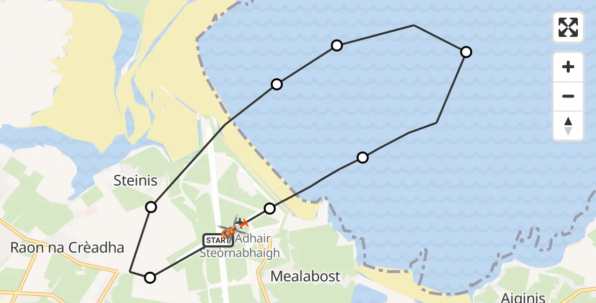 Flight path map showing Coastguard Helicopter route from Stornoway Airport to Stornoway Airport