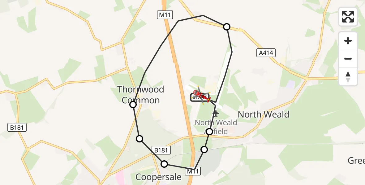 Flight path map showing Air Ambulance Helicopter route from North Weald Airfield to North Weald Airfield