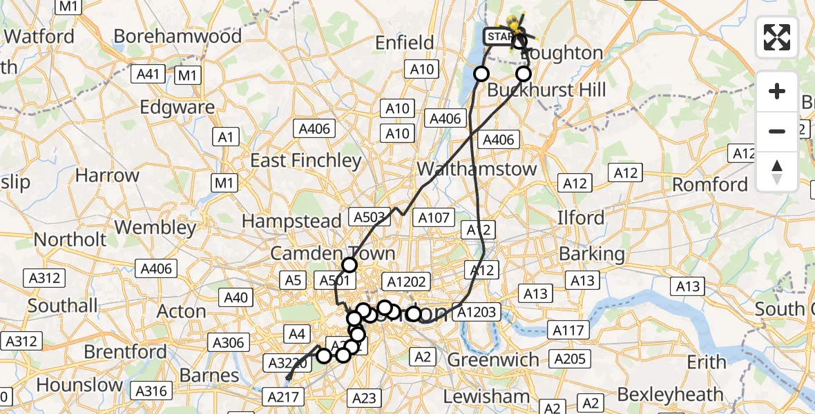 Flight path map showing Police Helicopter route from Sewardstonebury to Sewardstonebury